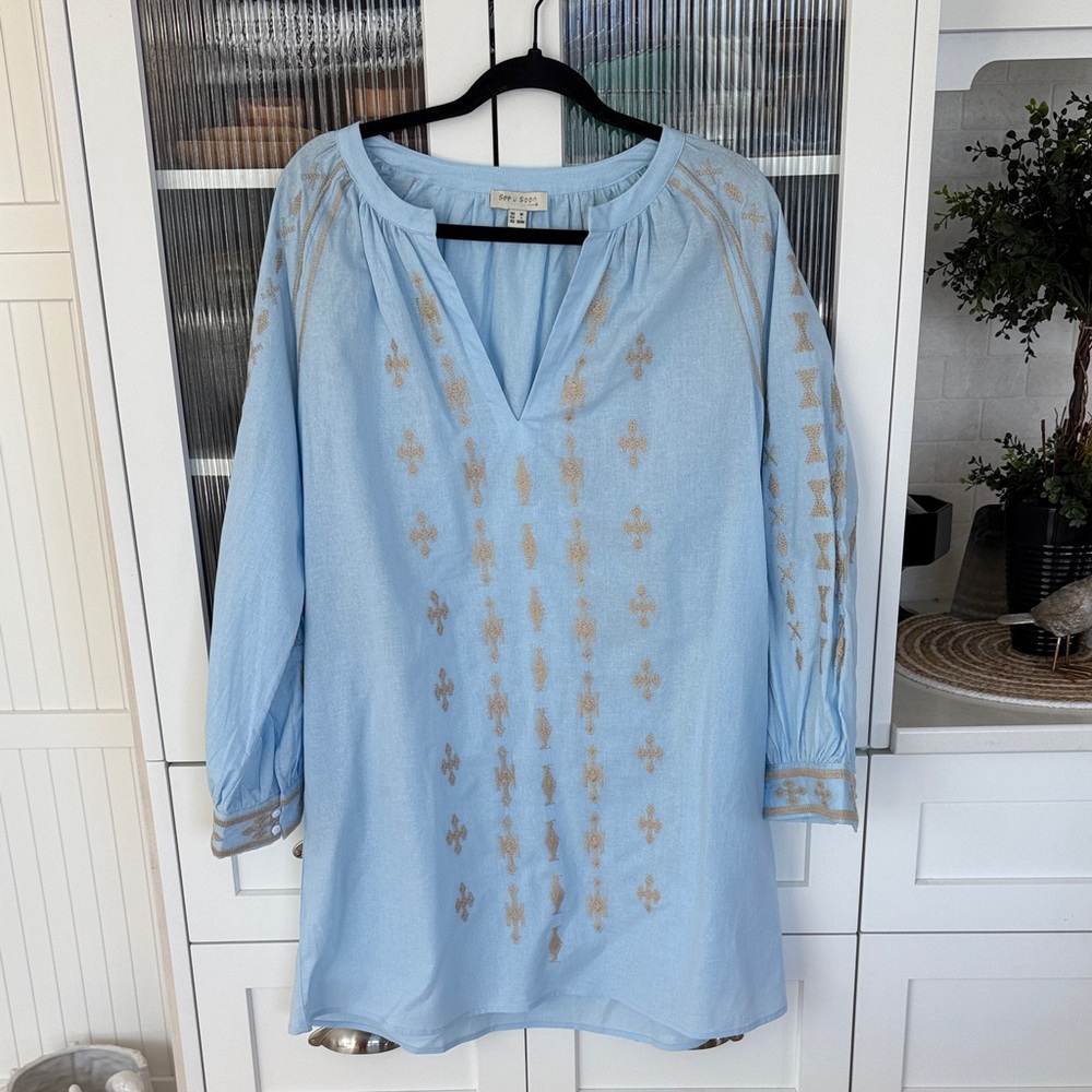 See u soon Light Blue linen Tunic with Gold Embroidery